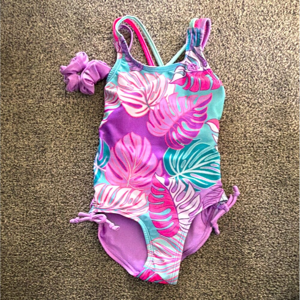 Girls Tropical Floral One Piece Swimsuit Size 6 Purple  NWT A4